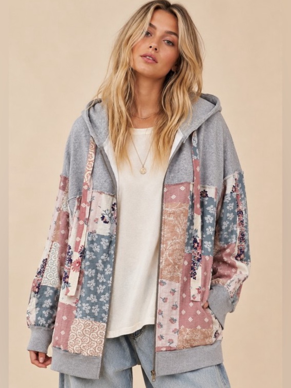 Grey multicolor floral patchwork hoodie sweatshirt boho western jacket coat